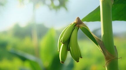 Poster - Banana bud growing on a tree with a blurred green grass field background ideal for tropical fruit themes and wallpaper design