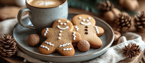 Poster - Gingerbread cookies on a plate with coffee surrounded by pinecones creating a cozy winter atmosphere for festive celebrations
