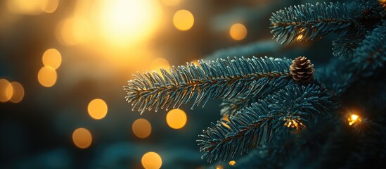 Poster - Fluffy fir tree branch with pine cone and soft bokeh lights in the background creating a warm and festive atmosphere