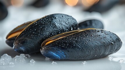 Poster - Freshly harvested black mussels on a bed of ice with water droplets against a clean white background for culinary and seafood themes