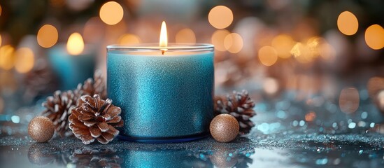 Poster - Blue scented candle with pinecones on shimmering surface representing upscale festive decor and aromatherapy for a cozy ambiance
