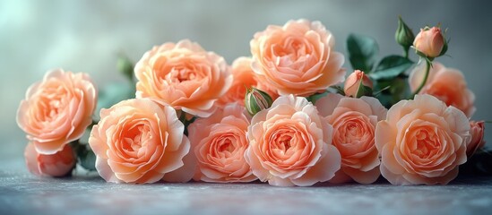 Poster - Pastel peony roses bouquet against a soft white wall illuminated by gentle sunlight creating an elegant floral arrangement.