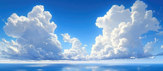 Poster - Majestic cloud formations drifting in a serene blue sky over tranquil ocean waters
