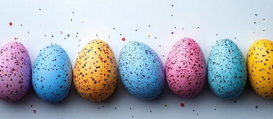 Aufkleber - Vibrant Easter eggs with speckled patterns arranged on a light background creating a festive and playful springtime atmosphere.