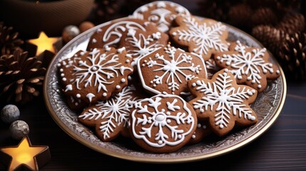Poster - Gingerbread cookies decorated with icing in festive shapes on a decorative plate surrounded by holiday ornaments and pine cones