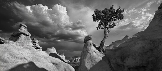 Poster - Lonely tree amid dramatic hoodoo formations under moody clouds in black and white landscape image