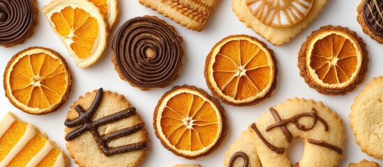 Aufkleber - Assorted cookies decorated with dried orange slices and chocolate drizzles on a white background for a festive treat display