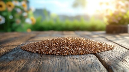 Aufkleber - Chia seeds beautifully arranged on a rustic wooden surface with a natural outdoor background and soft sunlight illuminating the scene