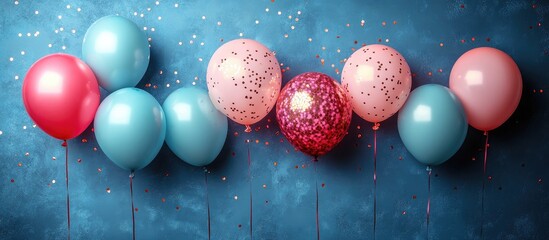 Poster - Colorful flat lay of birthday balloons with glitter accents perfect for festive celebrations and customizable text space.