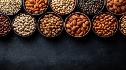 Poster - Assorted nuts displayed in bowls on a dark table background showcasing a variety of textures and colors in a rich composition