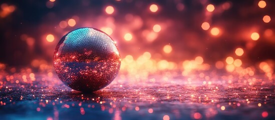 Poster - Disco scene with a shimmering mirror ball surrounded by vibrant sparkling lights creating a lively festive atmosphere.