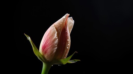 Poster - Fresh rosebud illuminated by natural light with droplets against a dark background showcasing elegance and beauty in floral photography
