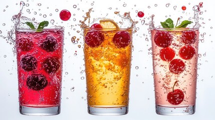 Poster - Vibrant cherry juices splashing into glasses showcasing fresh fruits and lively drops on a white background for beverage promotions and designs