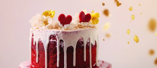 Poster - Elegant frosted red velvet cake with floral and heart decorations drizzled in white chocolate and accented with gold on a studio backdrop