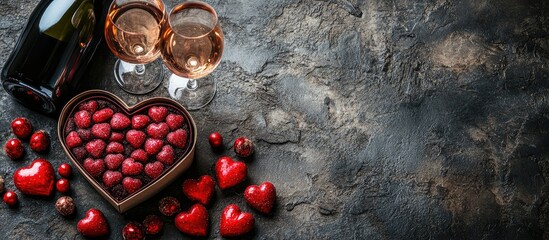 Poster - Heart-shaped candy in a box with wine glasses and a bottle on a stone surface Romantic celebration theme with space for text