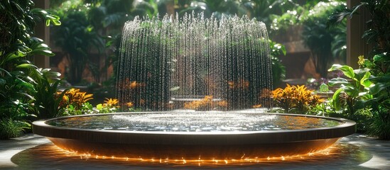 Poster - Serene fountain surrounded by lush greenery and vibrant flowers in a tranquil public space attracting visitors and enhancing natural beauty