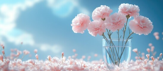 Poster - Pink carnations in a glass vase with a soft focus sky background highlighting serene floral beauty and tranquility.