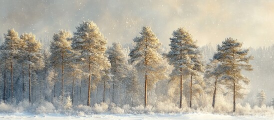 Poster - Winter landscape of snow covered pine trees under soft light creating a serene and tranquil atmosphere in a forest setting