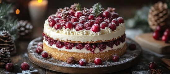 Aufkleber - Gingerbread cake adorned with cranberries and cream perfect for festive holiday celebrations in rustic setting with winter decor