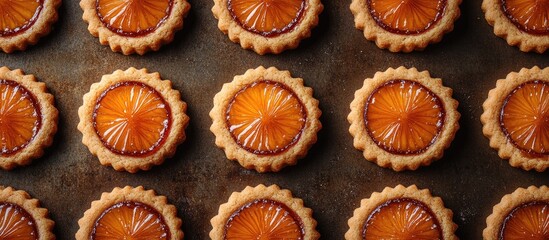 Poster - Christmas jam-filled cookies arranged on a baking pan ready for baking with a golden glaze and festive decoration in a cozy kitchen setting
