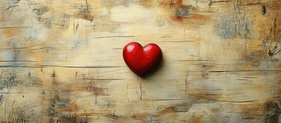 Poster - Heart shaped red gift on rustic wooden surface with soft natural lighting creating a warm and inviting atmosphere for romantic themes