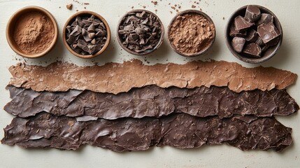 Poster - Various types of chocolate arranged in bowls and laid out on a white background showcasing their textures and colors.