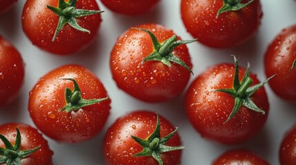 Poster - Vibrant red tomatoes with water droplets arranged neatly on a clean white background for a fresh and appetizing display