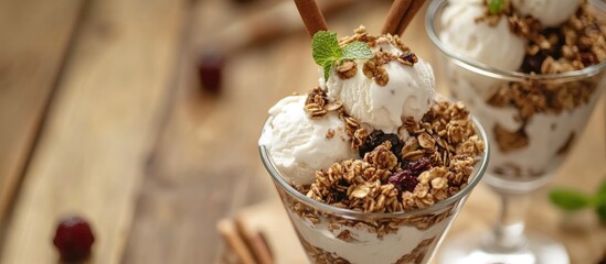 Aufkleber - Homemade granola dessert with vanilla ice cream served in elegant glasses garnished with cinnamon sticks and mint leaves.
