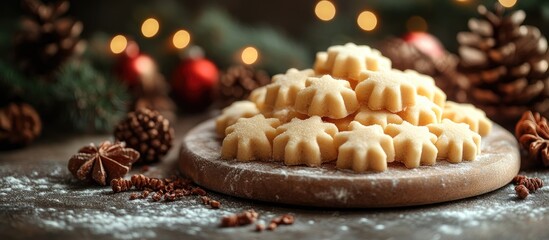 Poster - Festive cookie shapes on a wooden board surrounded by pinecones and soft lights creating a cozy holiday atmosphere for baking enthusiasts