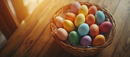 Poster - Colorful Easter eggs in a wicker basket on a rustic wooden table symbolizing holiday traditions and festive celebrations for springtime.