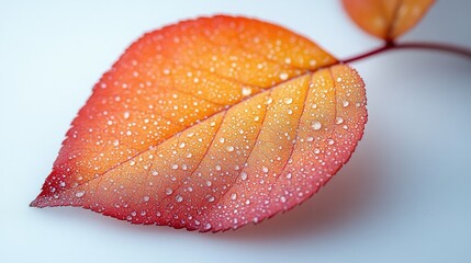 Poster - Vibrant peach leaf with droplets on a white background showcasing natural beauty and texture in an artistic composition