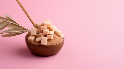 Poster - Cane sugar and brown refined sugar in a wooden bowl with leaves on a pastel pink backdrop showcasing natural sweetness and simplicity.