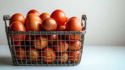 Poster - Handmade decorative eggs in a metal shopping basket on a clean white background showcasing creativity and festive spirit
