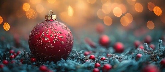 Poster - Christmas ornament on green backdrop with bokeh lights decorative background for holiday greeting cards and festive celebrations