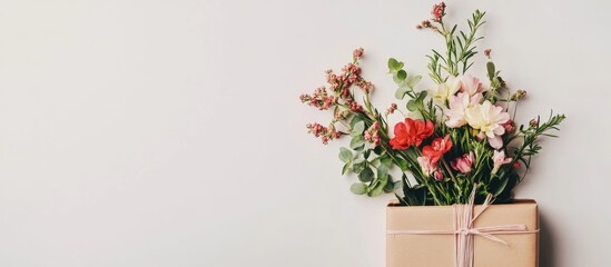 Aufkleber - Colorful floral arrangement in a gift box with natural greenery on a minimalist white background for gifting and decoration ideas