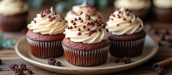 Poster - Chocolate cupcakes with cream frosting topped with sprinkles arranged on a rustic plate for a delightful dessert display