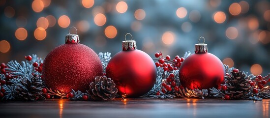 Poster - Festive red Christmas ornaments surrounded by pinecones and greenery against a blurred sparkling background