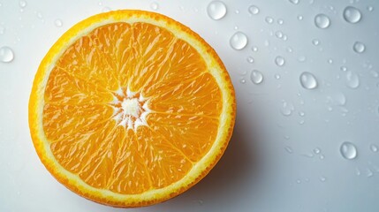 Aufkleber - Vibrant orange half showcasing juicy texture with water droplets on a clean white background for fresh organic food imagery