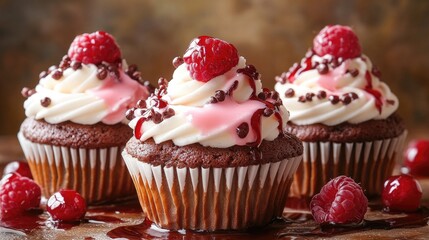 Aufkleber - Delicious chocolate cupcakes with raspberry topping and cream on a rustic wooden table background. Perfect for dessert promotions.