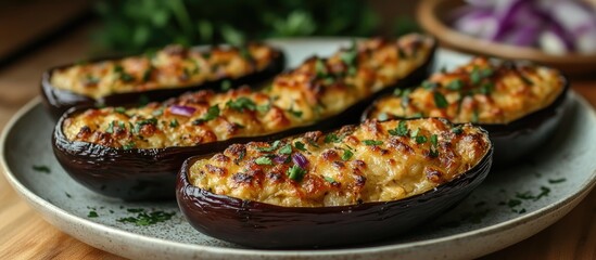 Poster - Stuffed Eggplants with Savory Vegetables and Melted Cheese in Rustic Setting