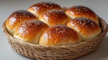 Poster - Freshly baked sesame topped wicker bun bread arranged in a natural basket on a neutral backdrop perfect for culinary and bakery themes.