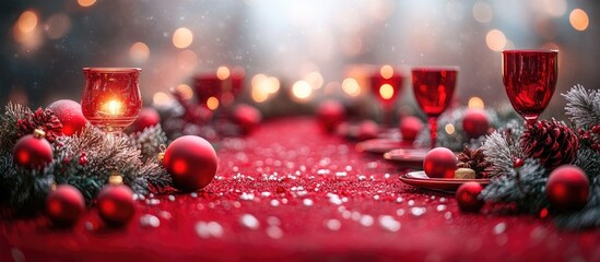 Aufkleber - Elegant Christmas table setting with festive decorations on a vibrant red background creating a warm holiday atmosphere