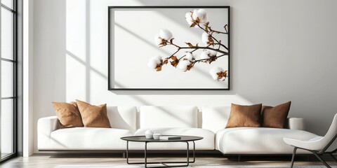 Poster - Showcasing modern interior design cotton branch art in a black frame living room digital art bright environment contemporary aesthetic