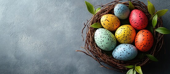 Aufkleber - Colorful Easter eggs in a decorative nest surrounded by greenery on a textured gray background for spring holiday concepts and celebrations