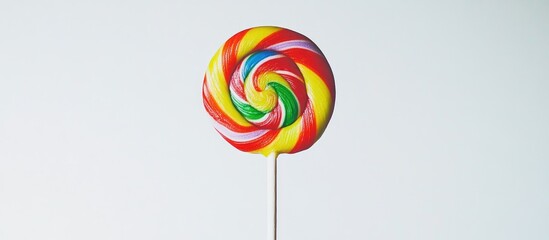 Poster - Vibrant swirled lollipop on a white background showcasing bright colors and playful design ideal for candy and dessert themed visuals