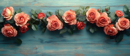 Aufkleber - Elegant bouquet of roses arranged on rustic wooden background for floral design and decoration concepts