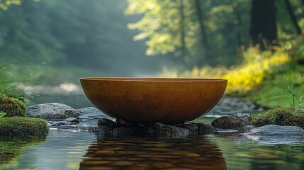 Poster - Peaceful wooden bowl resting on stones by a serene forest stream surrounded by lush greenery and soft morning light.