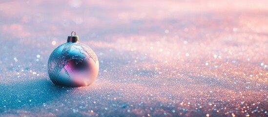 Poster - Elegant silver Christmas ornament on pristine snow against a sparkling glittery background creating a festive winter atmosphere.