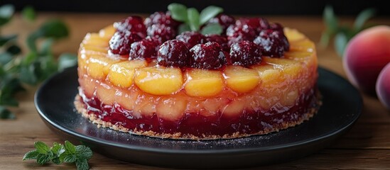 Aufkleber - Chilled red jelly pie with peaches and nectarines garnished with berries on a rustic wooden table with fresh fruit and greenery