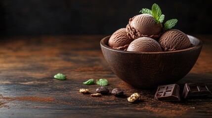 Poster - Bowl of rich chocolate ice cream on wooden surface garnished with mint leaves and surrounded by chocolate pieces and candies